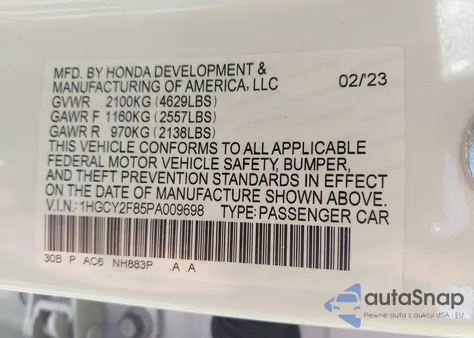 2023 Honda Accord Hybrid Touring из США, поврежденный, VIN 1HGCY2F85PA009698